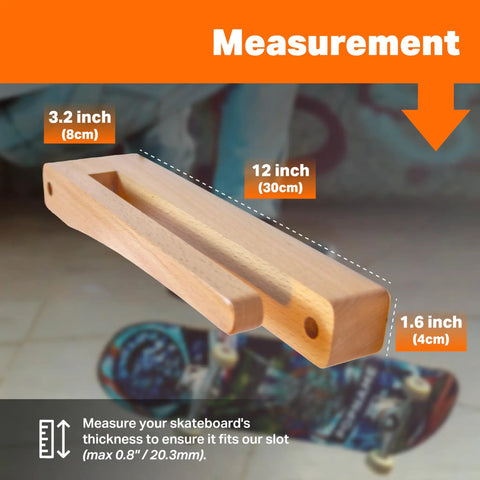Premium Wooden Vertical Skateboard Wall Mount Rack with measurements 3.2" x 12" x 1.6" for displaying standard decks.