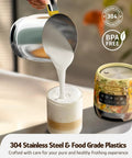 Detachable Milk Frother With Four Temperature Settings Delivers Barista Style Foam For Hot Or Cold Drinks Five In One Frothing And Heating Options Dishwasher Safe 400ml Perfect For Latte Cappuccino Hot Chocolate, pouring milk into a glass.