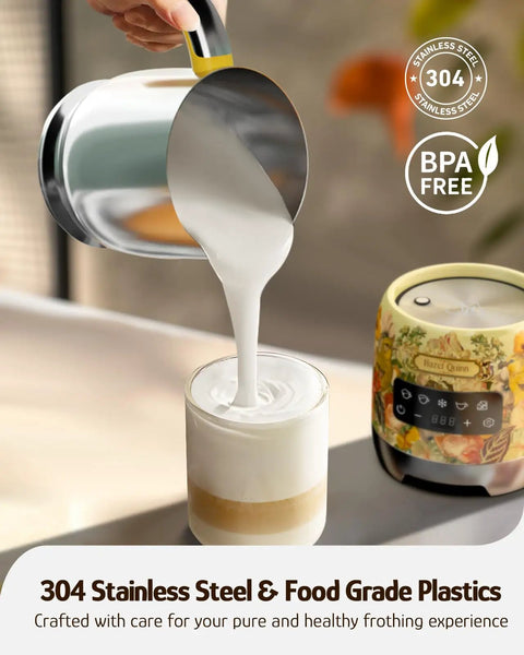 Detachable Milk Frother With Four Temperature Settings Delivers Barista Style Foam For Hot Or Cold Drinks Five In One Frothing And Heating Options Dishwasher Safe 400ml Perfect For Latte Cappuccino Hot Chocolate, pouring milk into a glass.