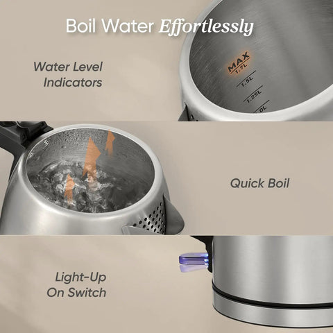Plastic Free Interior Electric Kettle With 304 Stainless Steel, Easy To Clean, Auto Shutoff And Boil Dry Protection, 1.7L Capacity, 1500W Fast Heating, Stainless Steel Tea Kettle For Hot Water with water level indicators and quick boil feature.
