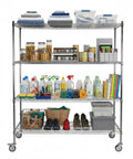 Heavy Duty 5 Tier Rolling Storage Rack With Hella Tough Steel Wire Shelves And Rock Solid Weight Rating For Zero Drama Tool Free Organization Solutions filled with cleaning supplies and storage bins.