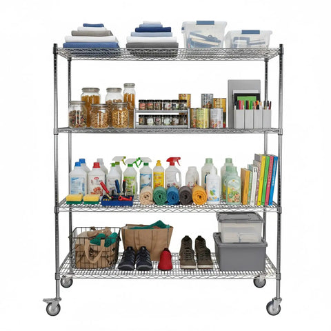 Heavy Duty Metal Wire Shelving Rack With Smooth Rolling Casters And 550 Lb Load Capacity built with organization of storage items.
