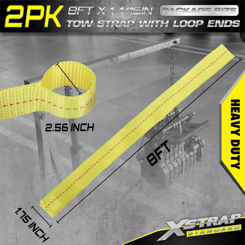 Two Pack Three Quarter Inch By Eight Foot Web Tow Straps Loop End Design Delivers No Sweat Heavy Lifts Rust Resistant Poly Build offers 8ft straps with loop ends.