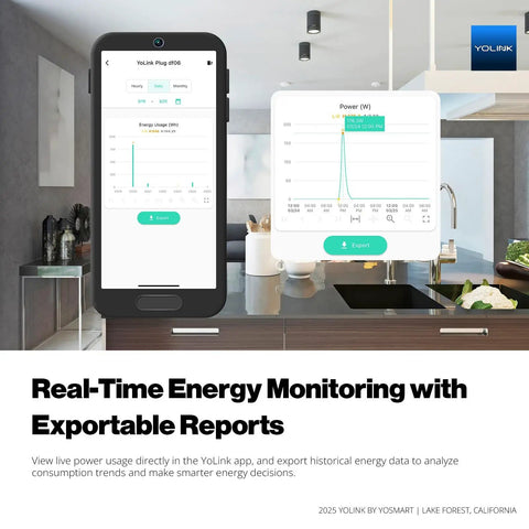 Smart Energy Plug 15A 4 Pack With Real Time Energy Monitoring interface shown on mobile device in modern kitchen setting