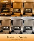 Sweet Setup 12 Pack 4 Inch LED Recessed Ceiling Lights With Built In Amber Glow And Zero Sweat Dimmable 5Cct Control showing different color temperatures in home settings.