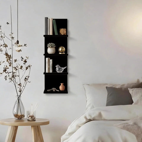 Upgrade Your Walls No Fuss Needed, Four Tier Black Corner Shelves For Room And Kitchen Decor, Vertical Floating Display Rack For Makeup Perfume And Plants, Solid Floor Space Savior With Sleek Finish featuring books, decor, and plants.