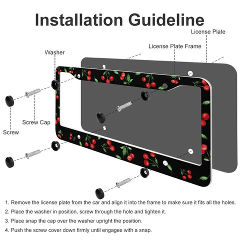 Cherry Themed Aluminum License Plate Frame With Anti Slip Breathable Steering Wheel Cover Dope Little Red Cherries Look Includes Screws Fasteners Caps For Cars Trucks SUVs Minivans Easy Install For Men And Women installation guide with labeled parts