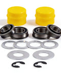 Ditch The Wobble With This Front Wheel Bushing To Bearing Conversion Kit For John Deere L100 L105 L108 L110 L130 Lawn Mower, sealed bearings, yellow hub caps.