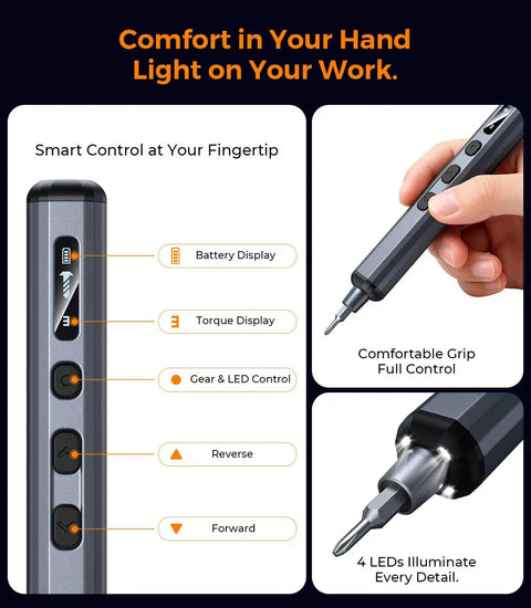 76in1 Mini Electric Screwdriver Set With Precise Torque Control shown with LED display and magnetic tip.