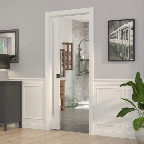 Onward Rectangular Pocket Door Pull With Privacy Lock, Black Finish, installed on white sliding door in modern interior