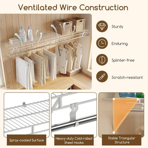 Kick Floor Clutter To The Curb With These Heavy Duty Wall Mounted Closet Shelves Featuring A Ventilated Metal Wire Rack And Sturdy Hanging Rod For Seamless Vertical Organization Setup, showing ventilated wire construction and heavy-duty sheet hooks.