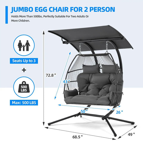 Oversized Double Hanging Swing Chair With Removable Canopy And Cushion, seats 2, supports 500 lbs, shown with dimensions