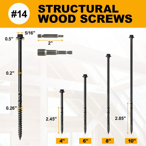 Image of Built Tough Heavy Duty Wood Structural Screws showcasing sizes 4" to 10" with rust-resistant alloy for outdoor use.
