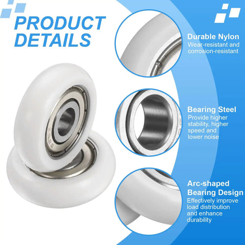 Built Tough Six Millimeter Nylon Ball Bearing Pulley Rollers 4 Pack With Double Sealed Bearings And Eight Stainless Steel Washers close-up of nylon roller and bearing details.