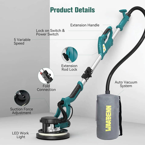 Diagram of Foldable Drywall Sander With LED Work Light and Auto Vacuum, 750W Motor detailing handle and vacuum system