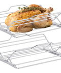 Two Piece Adjustable Roasting Racks Set For Turkey And Chicken Stainless Steel V Shaped Stand shown with seasoned chicken placed on the upper rack