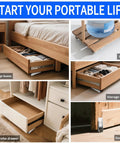 Low Profile 0.9 Inch Caster Wheels Set Of 4 with Long Brackets under furniture showcasing storage solutions like drawers and planks.