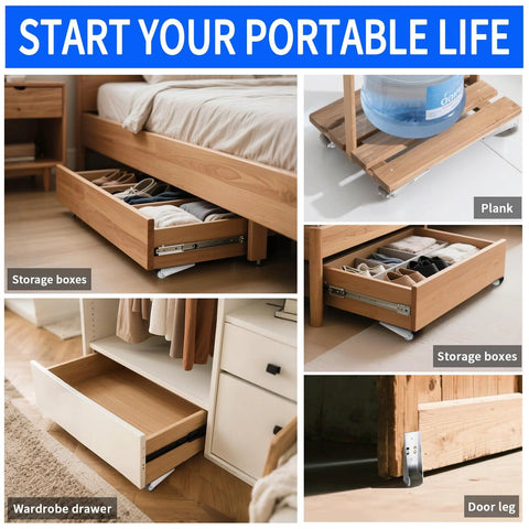 Low Profile 0.9 Inch Caster Wheels Set Of 4 with Long Brackets under furniture showcasing storage solutions like drawers and planks.