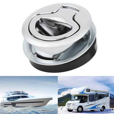 Hardcore 316 Stainless Steel Flush Marine Hatch Latch With Mirror Polished Slam Lock Pull Ring, ideal for boats and RVs.