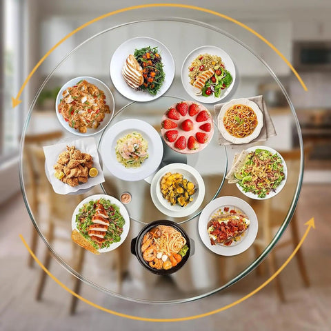 Smooth Operator Tempered Glass Lazy Susan Turntable Serving Tray Hella Sturdy Silent Bearing Rotation For Dining Table Kitchen Centerpiece 70 Cm Dinner Upgrade with various dishes prepared.