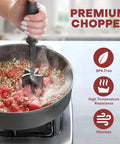 Five Blade Premium Stainless Steel Meat Chopper And Hamburger Press Tool for fast ground beef crumbling in a pan.