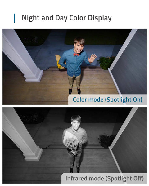 Two Camera Wireless Outdoor Security Kit, 1080p HD, showing color and infrared night vision of person at front door