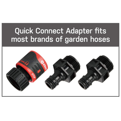 Heavy Duty Metal Garden Hose Nozzle With Grip Friendly Thumb Control And Quick Connect 7 Adjustable Patterns shown with adapters