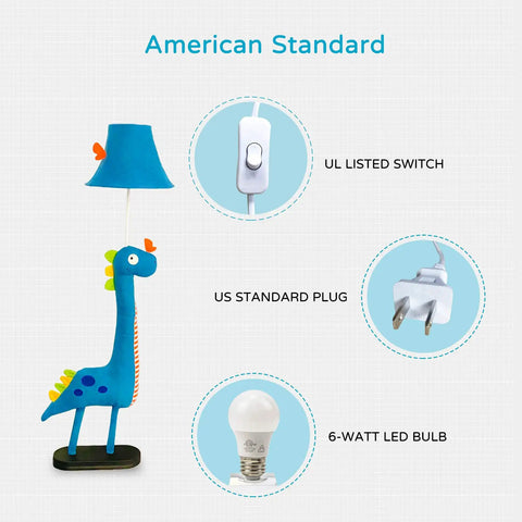 Blue Dinosaur Kids Floor Lamp With Adjustable Height From 50 Inches To Taller Modern Hand Stitched Toy Standing Lamp For Bedroom Or Living Room Fabric Dino With E26 LED Bulb Included, showing lamp, switch, plug and bulb