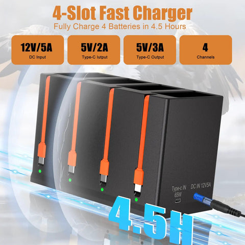 4 Pack 6700mAh Rechargeable Batteries Plus 4 Port Fast Charger For Edge Series Trail Cameras with orange cables and LED indicators.