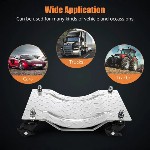 Heavy Duty Car Dolly Set Featuring 360 Degree Swivel Tire Wheel Carts To Smoothly Haul Out Cars Trucks And Trailers Smooth Sailing 6000 Lb Nylon Casters Garage Ready image showing dolly with vehicles like cars, trucks and tractors.