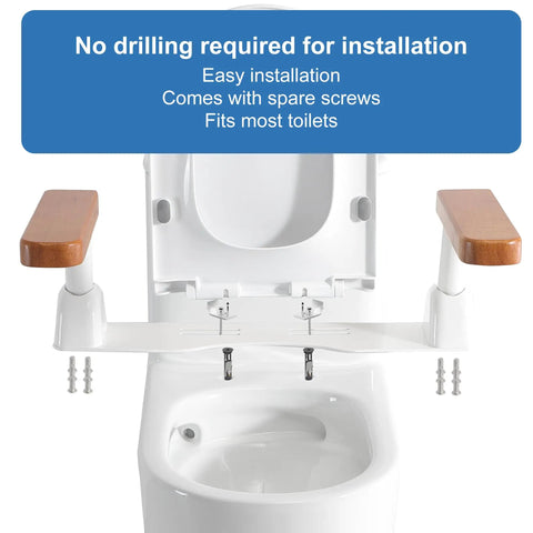 Hella Strong Toilet Safety Rails For Seniors With Badass Flip Up Armrests And Built Like A Truck Carbon Steel Frame, easy no-drill installation shown.