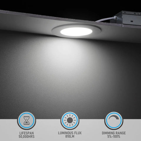 Slick Ultra Thin 4 Inch LED Recessed Light With Junction Box, Dimmable 5 Percent To 100 Percent, CRI90, 5000K Daylight, 810LM displayed lit