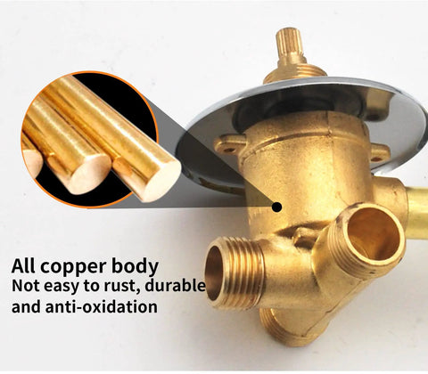Rock Solid Brass Shower Control Valve Featuring Ceramic Cartridge Adjustable Temp Safety Switch Multi Port Diverter Standard Pipe Threads, showing durable brass body.