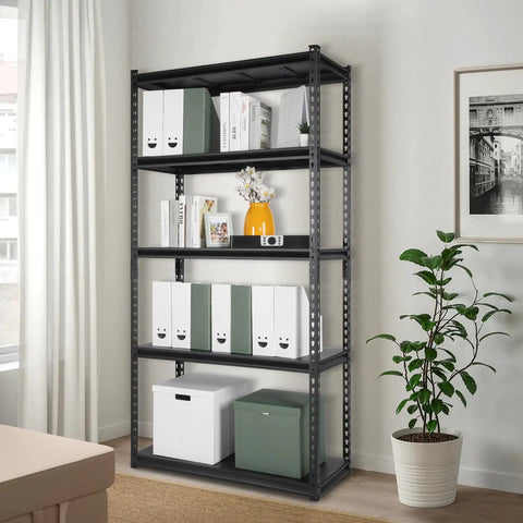 Super Heavy Duty Five Tier Adjustable Storage Shelves Built Like A Tank For Garage And Warehouse Organization, featuring storage boxes and decorative items.