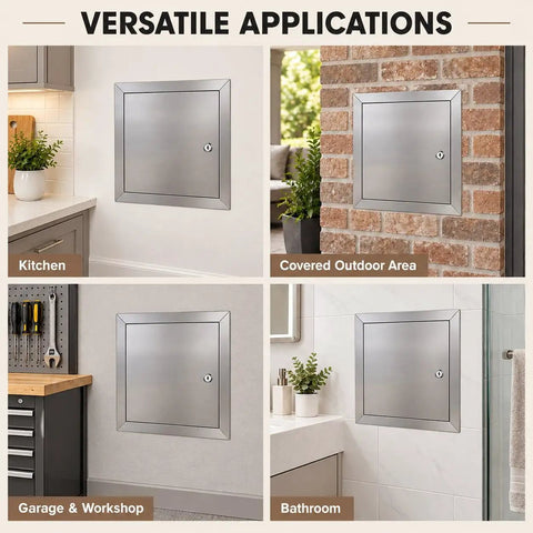 Heavy Duty Drywall Access Door 28 X 28 Inches Stainless Steel Wall Panel With Rotary Latch in kitchen, garage, bathroom, outdoor use.