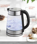 Fast Boil Electric Kettle For Coffee And Tea 1.7L Water Boiler 1500W Borosilicate Glass on kitchen counter with LED light