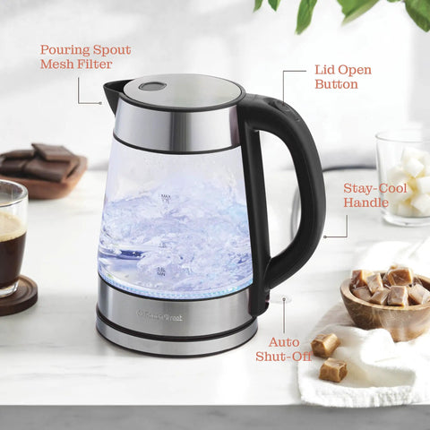 Fast Boil Electric Kettle For Coffee And Tea 1.7L Water Boiler 1500W Borosilicate Glass on kitchen counter with LED light