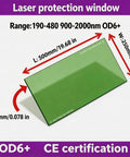 Premium Dual Band Laser Safety Window Featuring Heavy Duty Optical Glass Shield Built Real Tight For Protecting 450Nm And 1064Nm Fiber Laser Cabinets OD6 Rating, 500x250mm size, green protective panel.