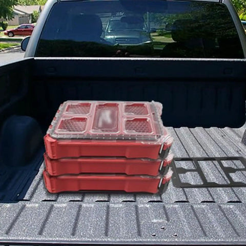 Stacked red modular toolboxes in truck bed for Folding Workstation Mount For Modular Toolbox And Truck Bed Storage Aluminum Alloy Side Tray