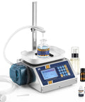 Straight Up Automatic Liquid Filler Machine With Digital Scale And Heavy Duty Peristaltic Pump For Essential Oil Perfume And Spray Bottles with digital display and glass container.
