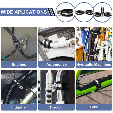 112 Piece Cable Clamps Kit Stainless Steel 304 Rubber Cushioned Assortment For Hoses Tubes Automotive Fuel Line And Wiring Ten Sizes displaying applications in engines, automotive, hydraulic machines, industry, tractor, and bike use.