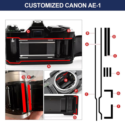 Light Seal Foam Sponge Kit For Canon Ae-1 And Ae-1 Program Film Camera neoprene seals on customized camera body with labeled parts.