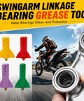 Slick Garage Essential Swingarm Linkage Bearing Grease Tool Kit For Dirt Bike shows colorful nose pieces for grease application.