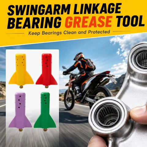 Slick Garage Essential Swingarm Linkage Bearing Grease Tool Kit For Dirt Bike shows colorful nose pieces for grease application.