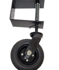 Heavy Duty Eight Inch Flat Free Tire Gate Wheel Hella Tough Spring Loaded Suspension Universal Mounting Bracket with spring and wheel.