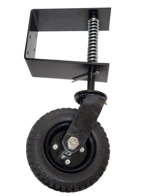 Heavy Duty Eight Inch Flat Free Tire Gate Wheel Hella Tough Spring Loaded Suspension Universal Mounting Bracket with spring and wheel.