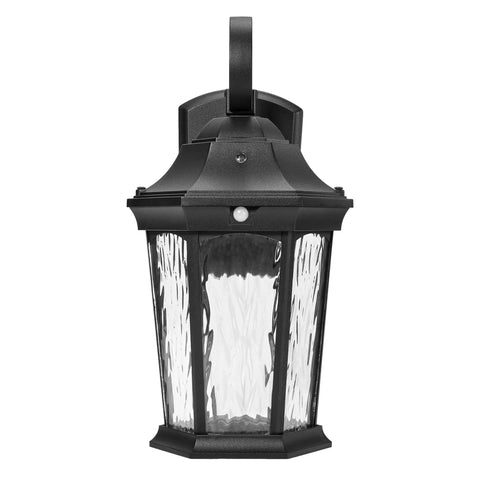 Heavy Duty Led Motion Sensor Outdoor Wall Light With 800 Lumens Super Bright 3000K Warm White Glow, Dusk To Dawn Safety Switch, Rugged Black Metal And Clear Water Glass Finish For Secure Front Porch Garage Shed Illumination That Hits Just Right - front view of lamp with clear glass and black metal.