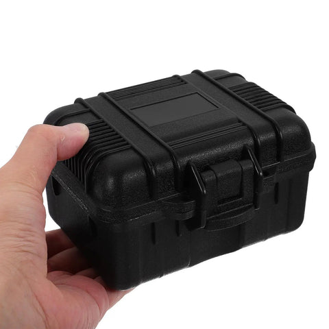 Portable Plastic Toolbox With Carry Handle And Locking Lid For Small Hand Tools Storage Organizer Durable Hard Case Weather Resistant Gear Hauler held in hand.