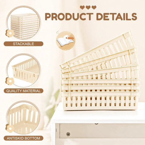 Slick And Solid Plastic Storage Baskets For Classroom Organizing And Teacher Desk Organization Premium Beige Containers stacked showing antiskid bottoms.