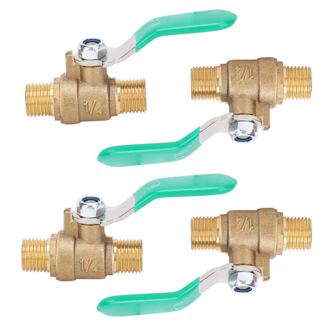 Straight Shooter 1/4 Inch Brass Ball Valve Four Pack With Dead Simple Shut Off For Hot And Cold Water Plumbing Setup featuring green handles.
